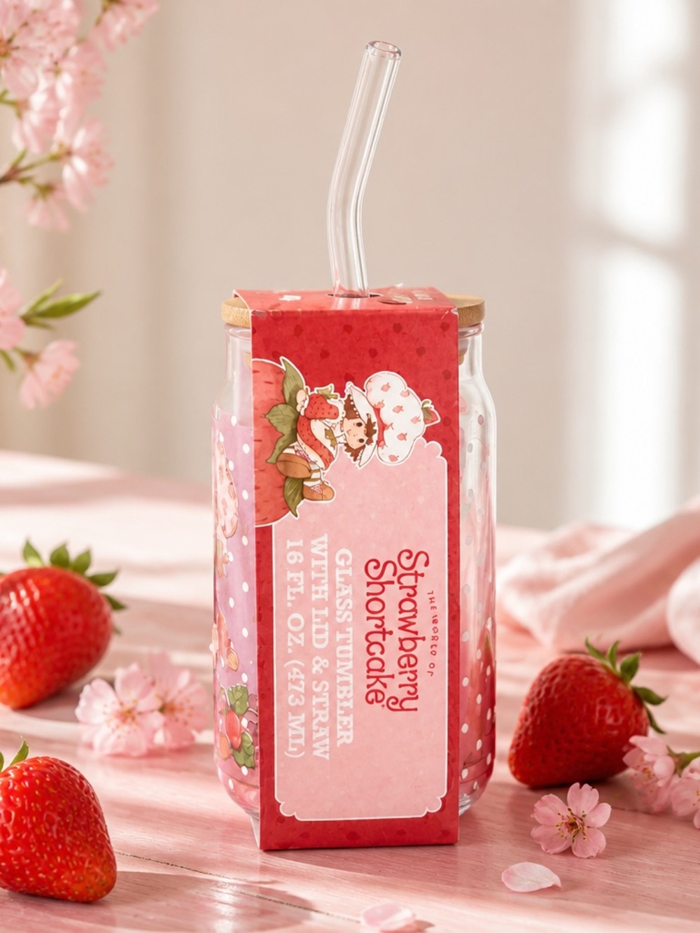 Strawberry Shortcake Glass Tumbler 16 oz Lid & Straw New